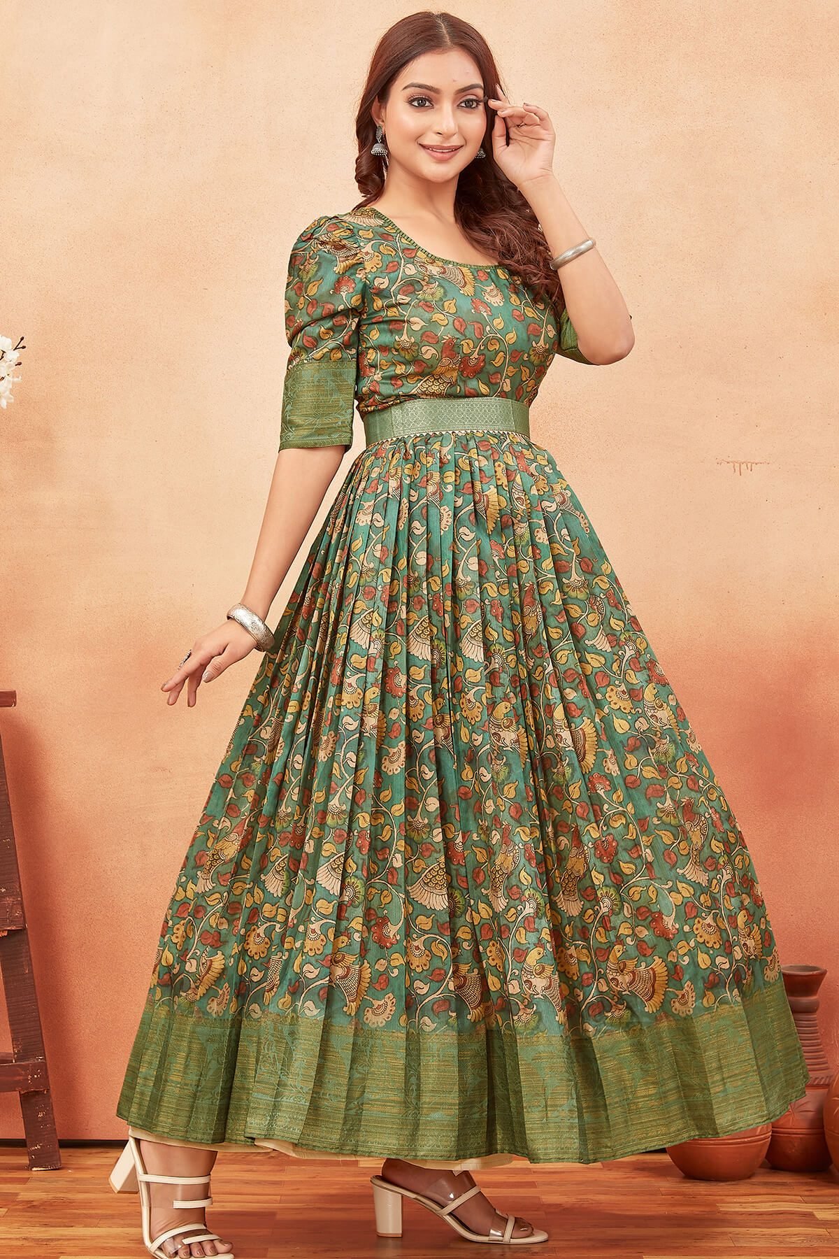 chinese dress ladies Beige Kalamkari Cotton Women Maxi Dress  Cotton Cottage