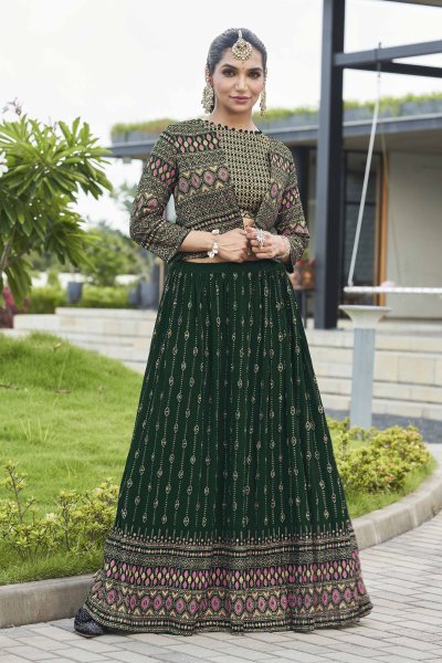 Bottle Green Lehenga Choli With Jacket INDO-WESTERN