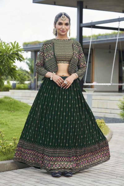 Bottle Green Lehenga Choli With Jacket INDO-WESTERN LEHENGA