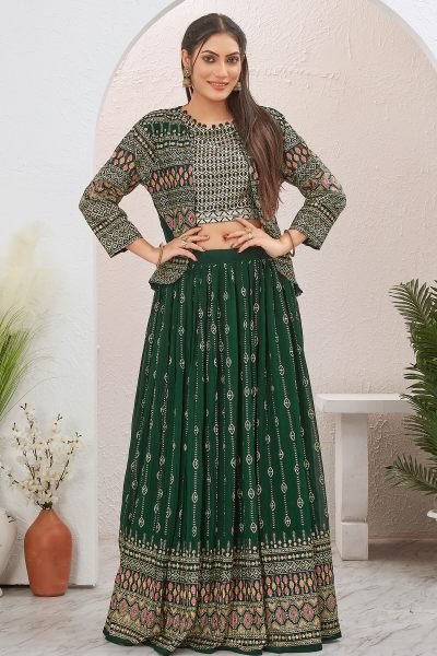 Bottle Green Lehenga Choli With Jacket INDO-WESTERN LEHENGA