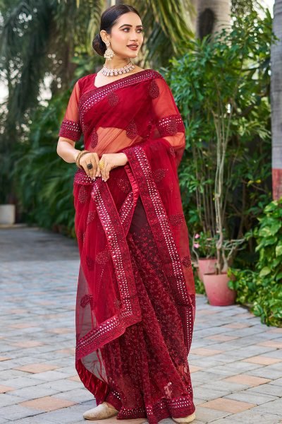 Floral Embellished Mirror Work Saree SAREE