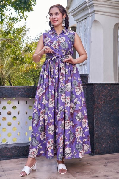Floral Print Fit   Flare Maxi Dress Ethnic Dresses