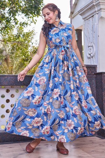 Floral Print Fit   Flare Maxi Dress Ethnic Dresses