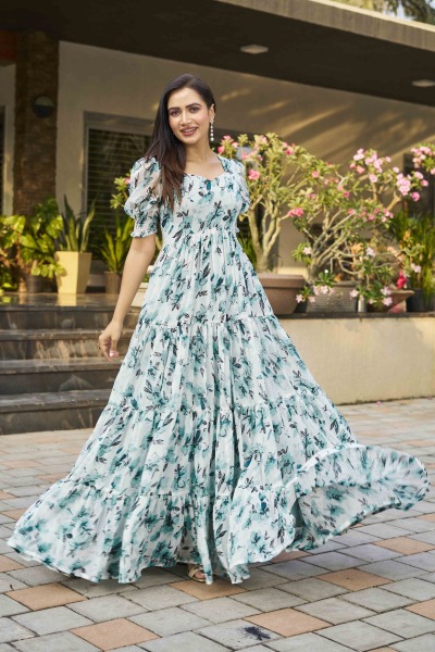 FLORAL PRINT FLAIRED GOWN LEHENGA