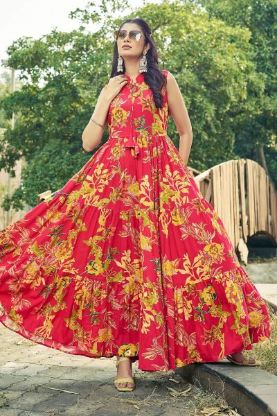 Floral Printed Fit   Flare Maxi Gown Dress Ethnic Dresses