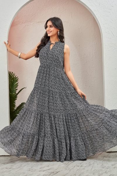 Floral Printed Georgette Maxi Dress GIRLISH LEHENGA