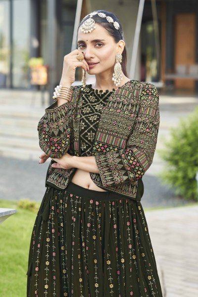 Mehendi Lehenga Choli With Jacket INDO-WESTERN LEHENGA