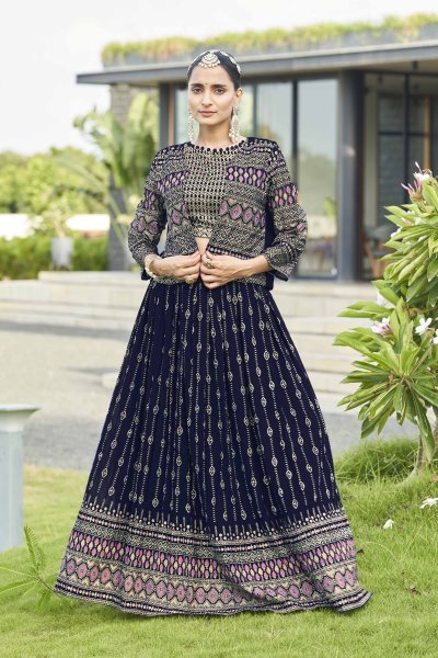 Navy Blue Lehenga Choli With Jacket INDO-WESTERN