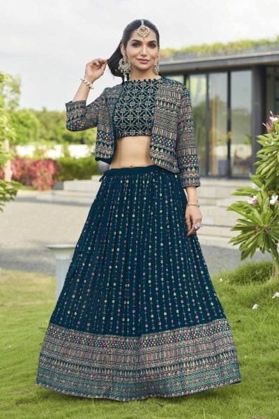Petrol Blue Lehenga Choli With Jacket INDO-WESTERN