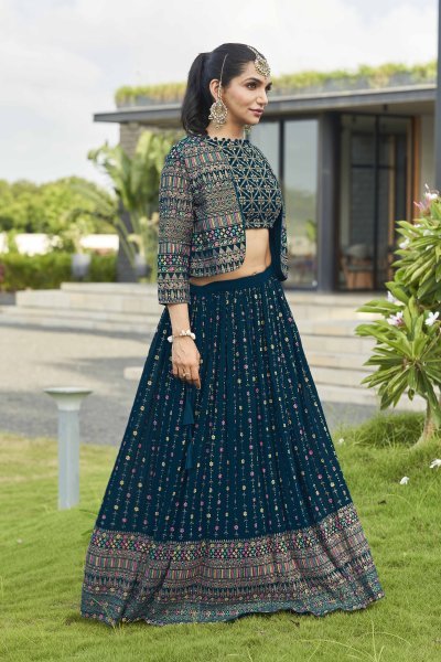 Petrol Blue Lehenga Choli With Jacket INDO-WESTERN LEHENGA