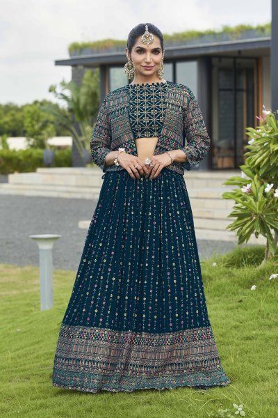 Petrol Blue Lehenga Choli With Jacket INDO-WESTERN LEHENGA