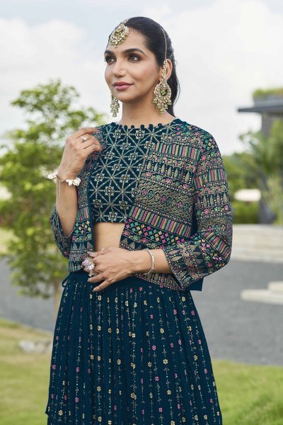 Petrol Blue Lehenga Choli With Jacket INDO-WESTERN LEHENGA