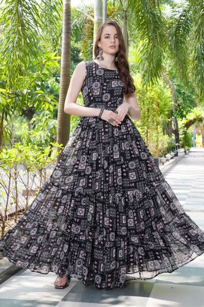 Print Georgette Fit   Flare Maxi Dress GIRLISH LEHENGA