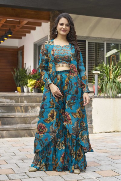 PRINTED ETHNIC CROP TOP WITH PLAZZO AND SHRUG CO-ORD SET
