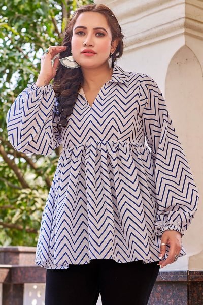Shirt Collar Printed Cotton Top Top