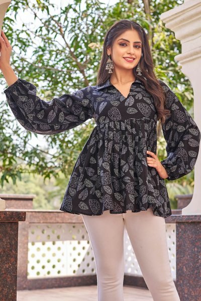 Tropical Print Puff Sleeve Tropical Cotton Top Top