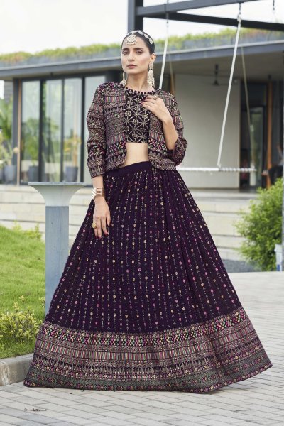 Wine Lehenga Choli With Jacket INDO-WESTERN