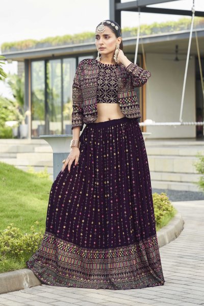 Wine Lehenga Choli With Jacket INDO-WESTERN LEHENGA