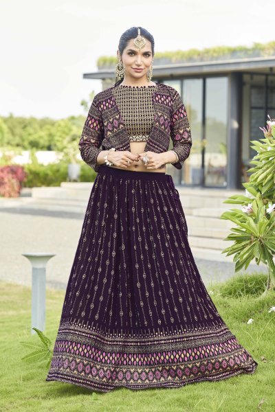 Wine Lehenga Choli With Jacket INDO-WESTERN LEHENGA
