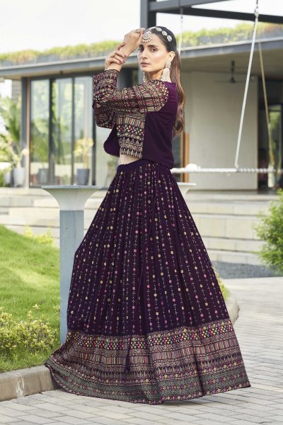 Wine Lehenga Choli With Jacket INDO-WESTERN LEHENGA