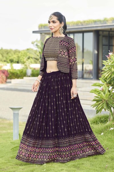 Wine Lehenga Choli With Jacket INDO-WESTERN LEHENGA