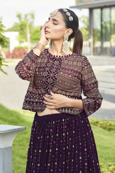 Wine Lehenga Choli With Jacket INDO-WESTERN LEHENGA