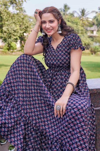Women Cotton Floral Printed Maxi Dress DRESSES