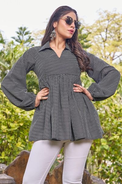 Women Cotton Shirt Collar Printed Top Top
