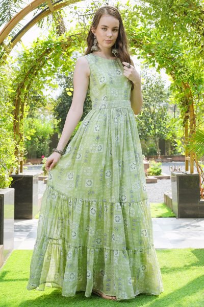 Women Floral Print Tiered Maxi Dress GIRLISH LEHENGA