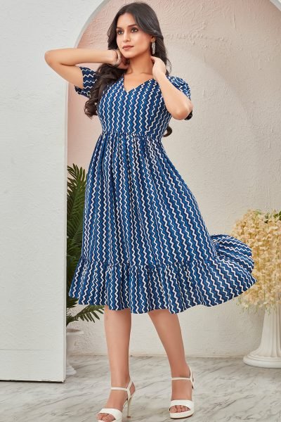 Women Printed V Neck Fit   Flare Dress GIRLISH LEHENGA