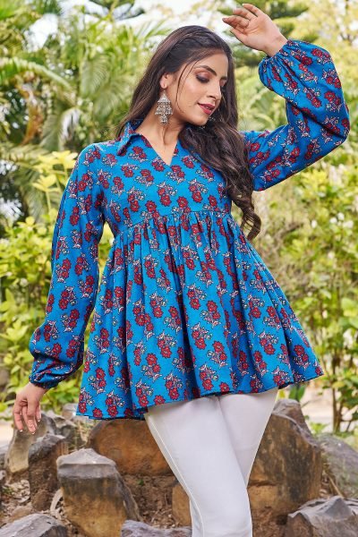 Women Shirt Collar Floral Printed Cotton Top Top